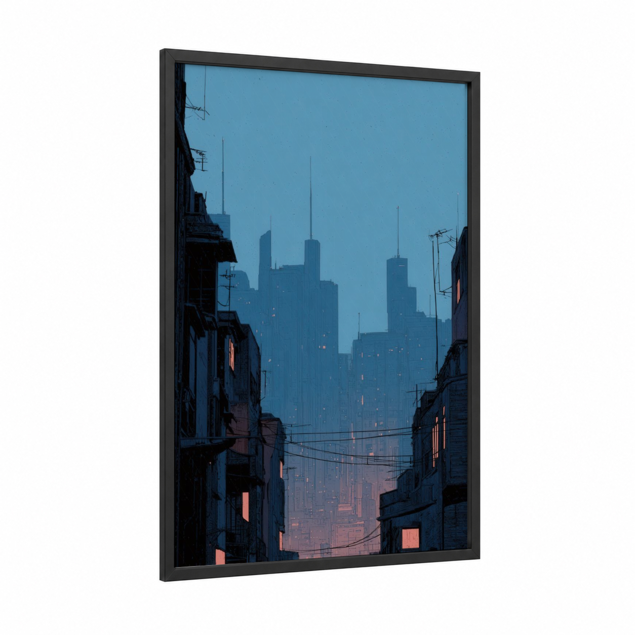 Urban Night Sky framed art print — black wood frame — blue and gold palette