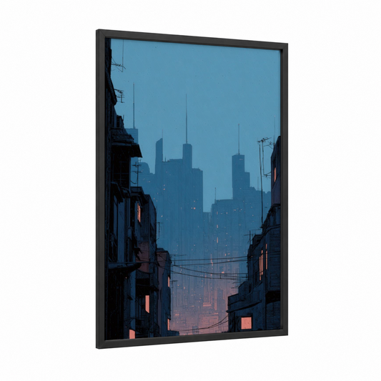 Urban Night Sky framed art print — black wood frame — blue and gold palette