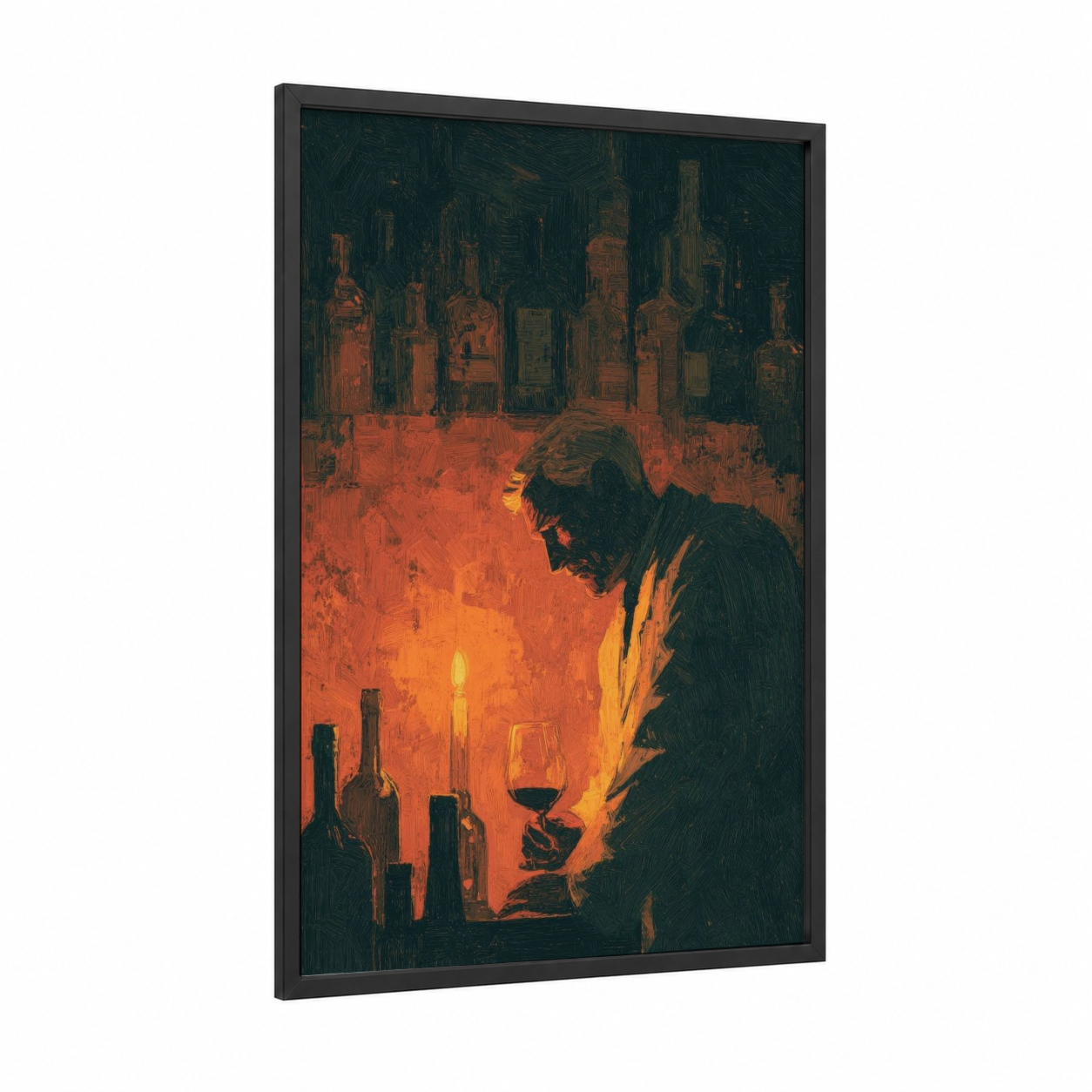 Candlelit Cellar framed wineries and cellars print — black wood frame — dark green and orange palette