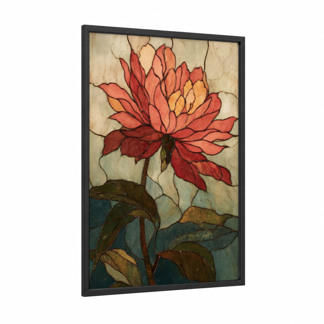 Crimson Lotus Bloom framed sunflower print — black wood frame — red and gold palette