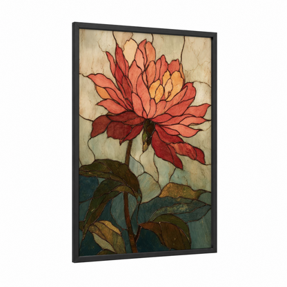 Crimson Lotus Bloom framed sunflower print — black wood frame — red and gold palette