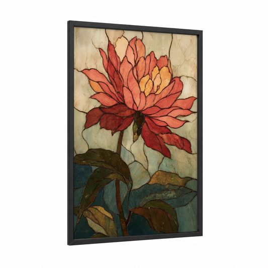 Crimson Lotus Bloom framed sunflower print — black wood frame — red and gold palette