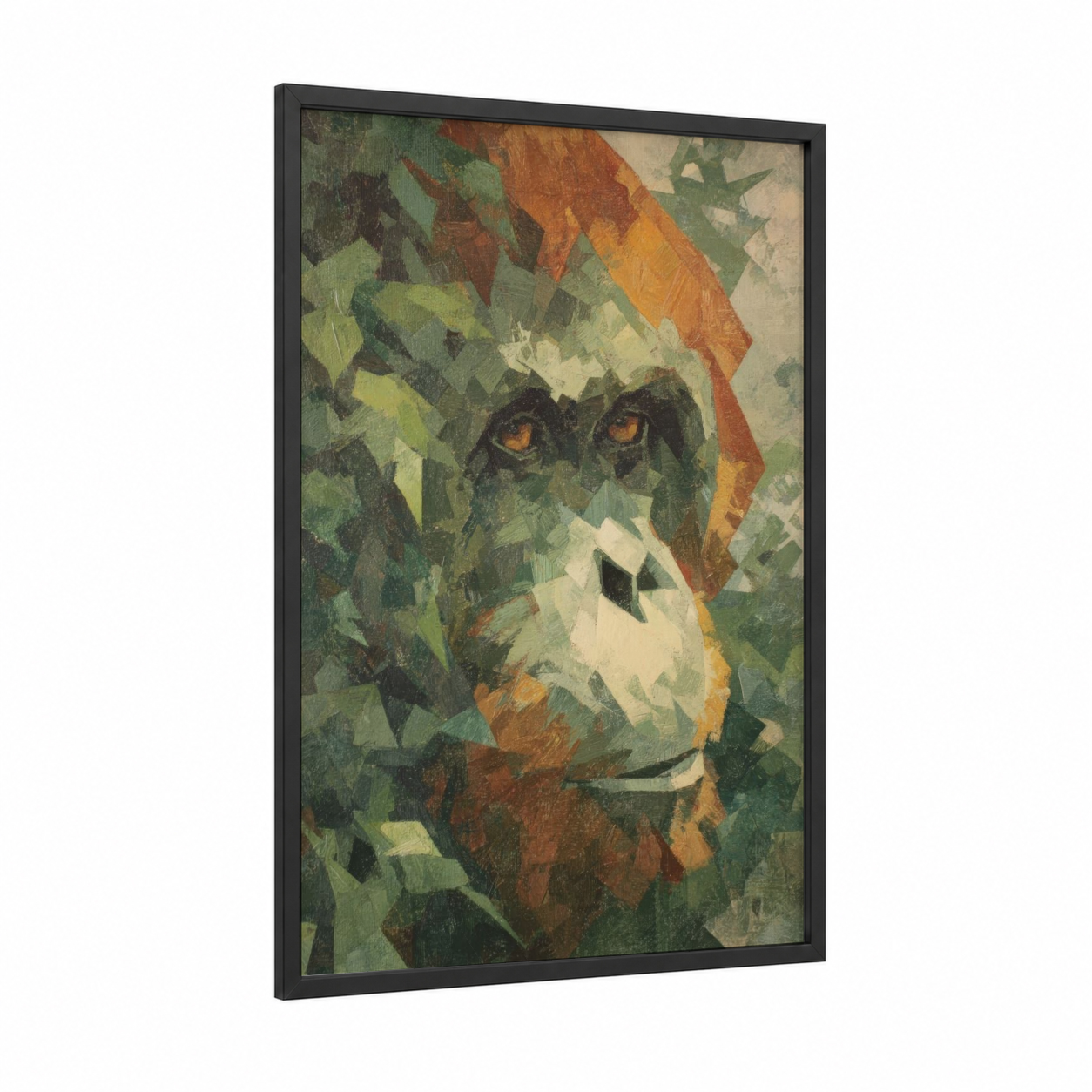 Cubist Orangutan framed art print — black wood frame — olive and russet palette
