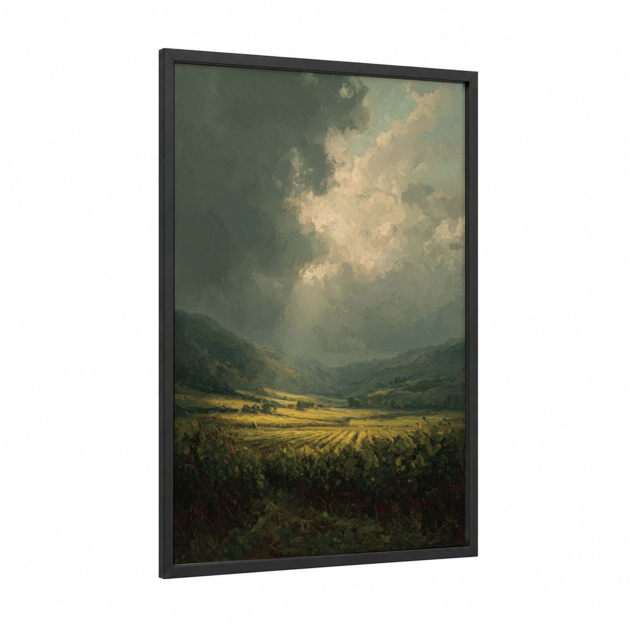 Sunlit Vineyard Valley framed vineyards print — black wood frame — gold and dark green palette
