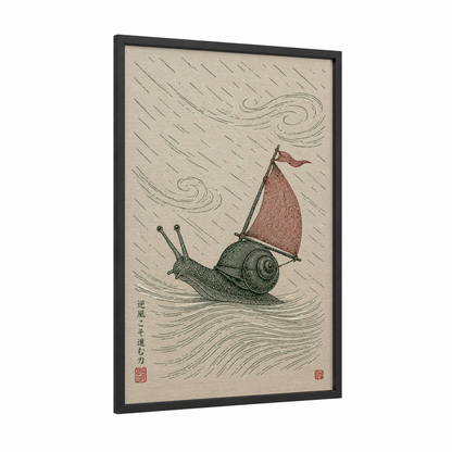 Sailing Snail Japanese Woodblock Wall Art framed art print — black wood frame — beige and cream palette