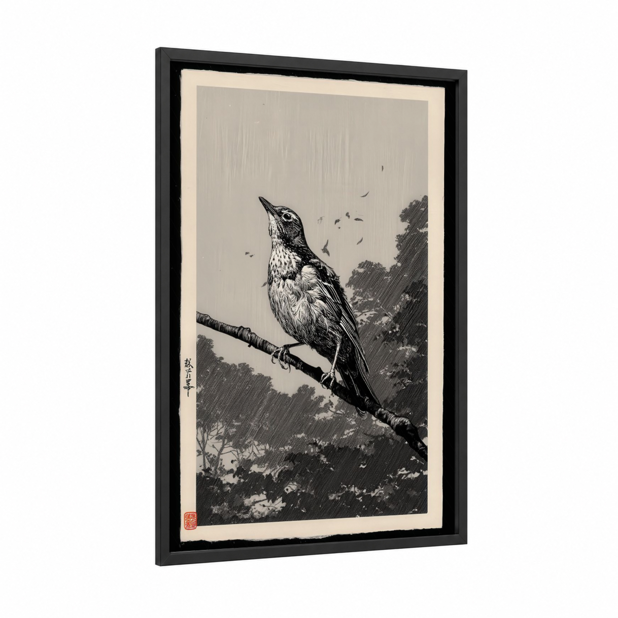 Perched Thrush framed art print — black wood frame — black and white palette