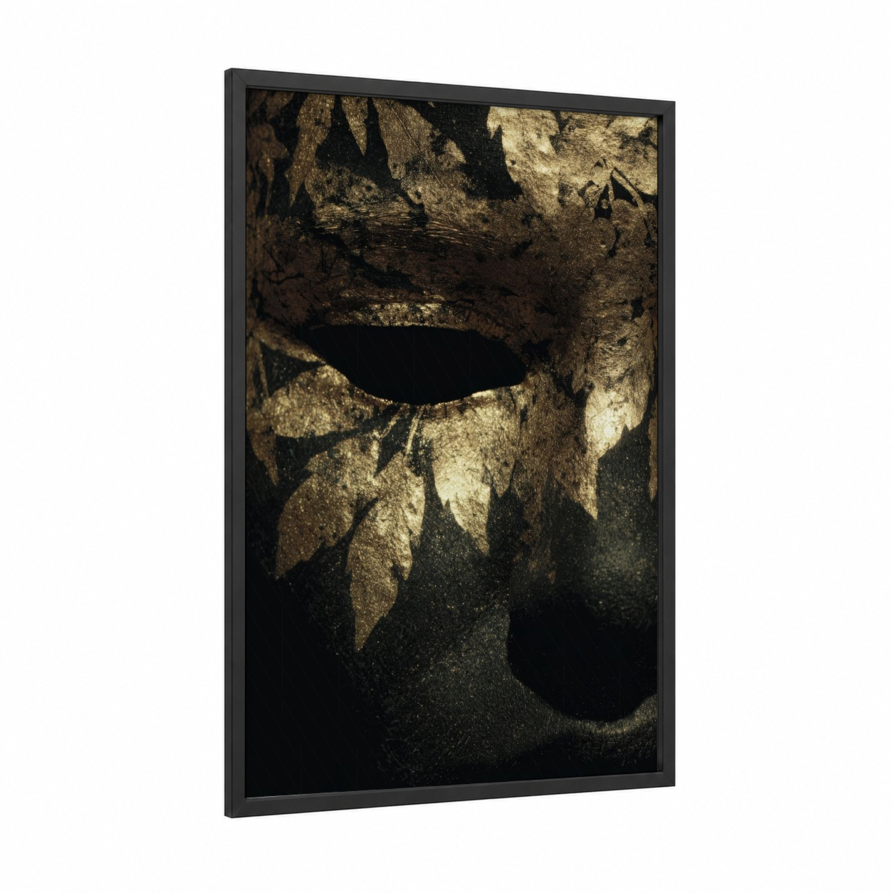 Golden Face Art framed body art print — black wood frame — gold and black palette