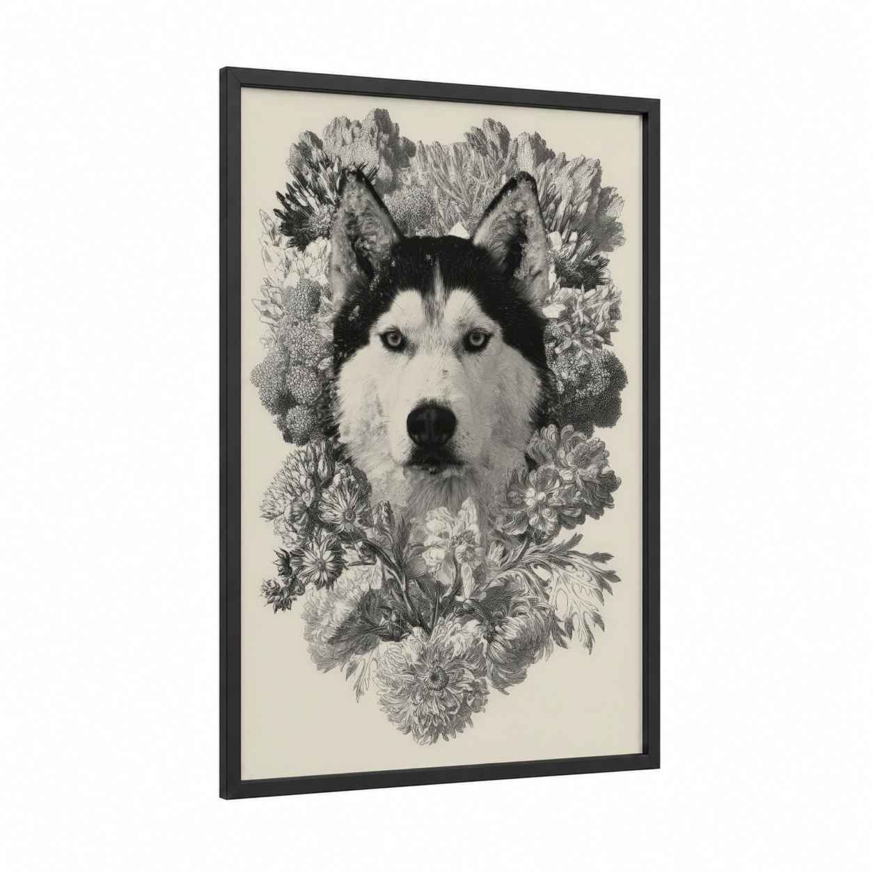 Floral Husky Portrait framed art print — black wood frame — black and white palette