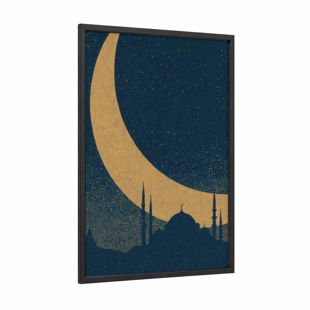 Crescent Moon Mosque framed islam print — black wood frame — gold and dark blue palette