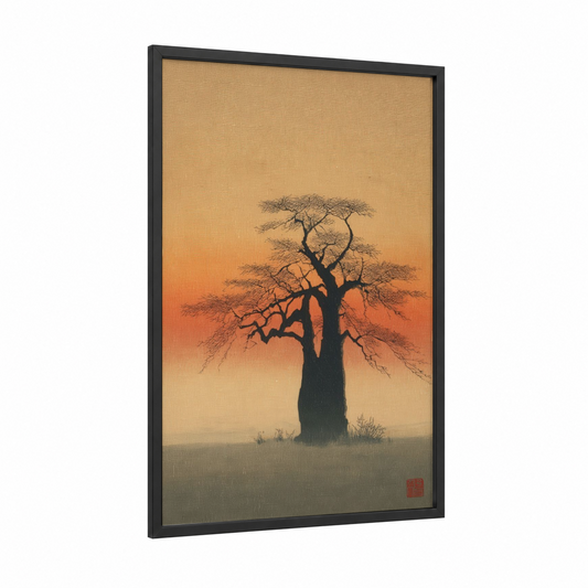 Baobab Sunset framed savanna and desert trees print — black wood frame — gold and cream palette