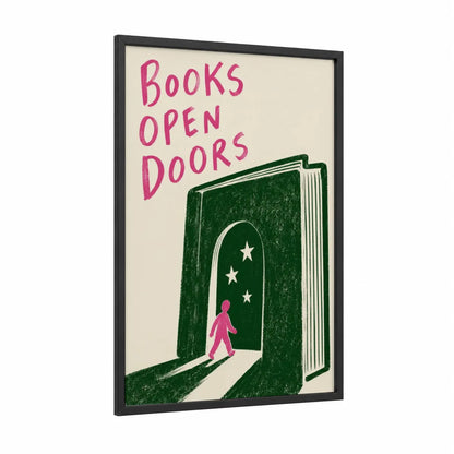 Books Open Doors Reading Wall Art framed art print — black wood frame — pink and dark green palette