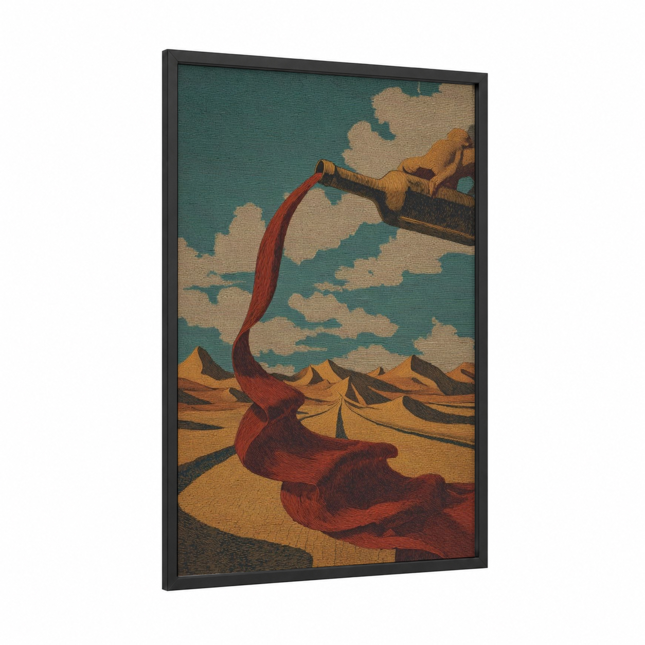 Surreal Wine Pour framed rose wine print — black wood frame — teal and gold palette