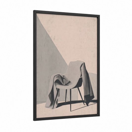 Minimalist Chair Drape framed retro fashion print — black wood frame — beige and dove gray palette