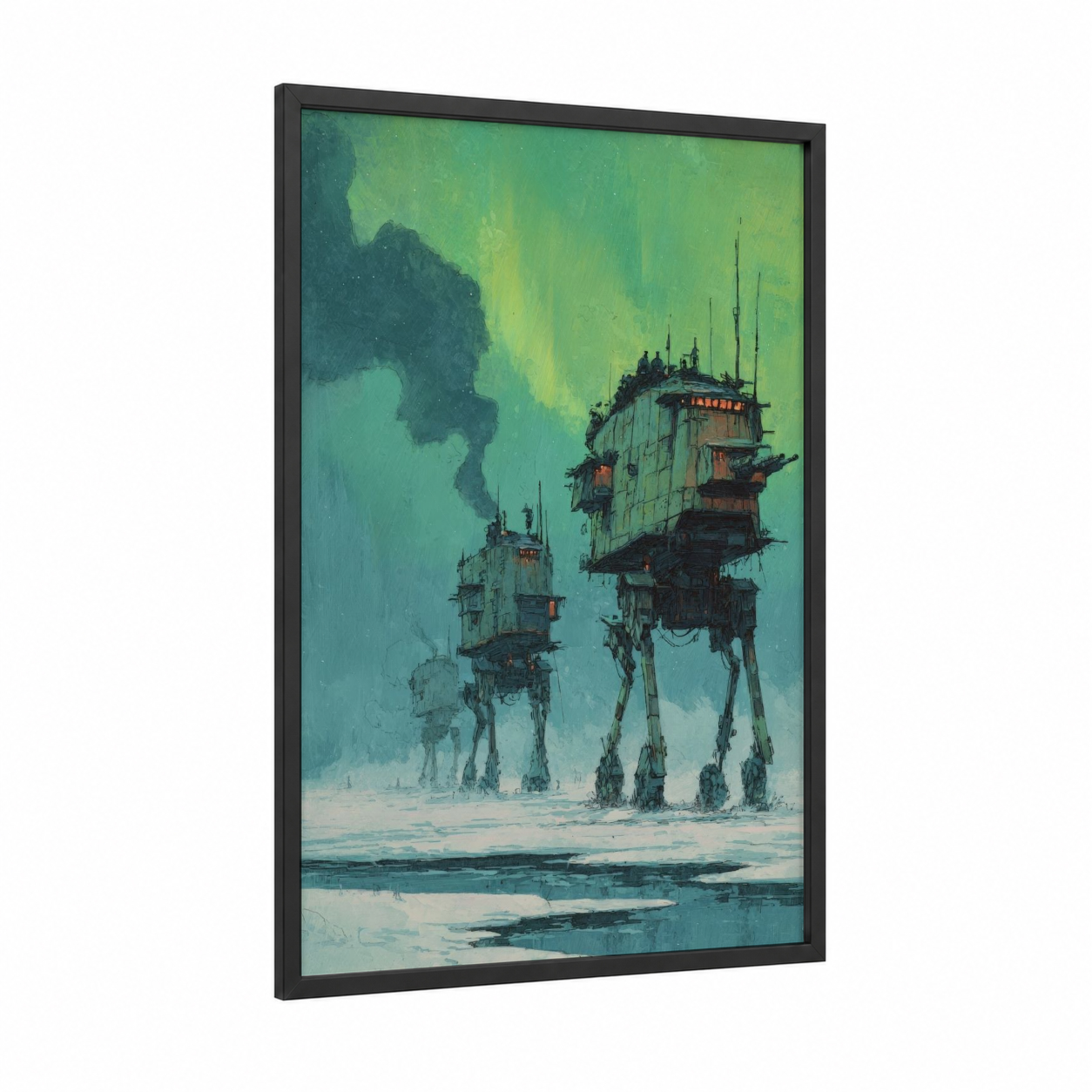 Neon Walker Outpost framed sci-fi print — black wood frame — teal and green palette