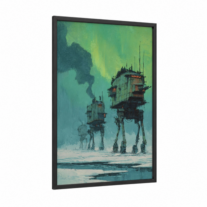 Neon Walker Outpost framed sci-fi print — black wood frame — teal and green palette