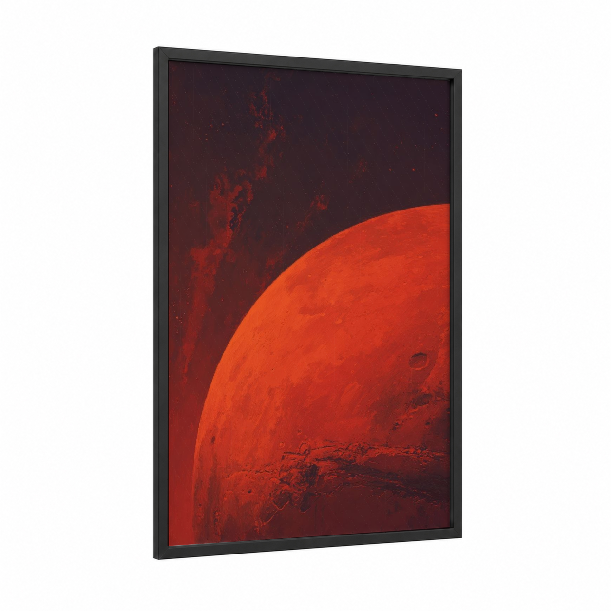 Crimson Mars Horizon framed solar system print — black wood frame — red and black and red palette