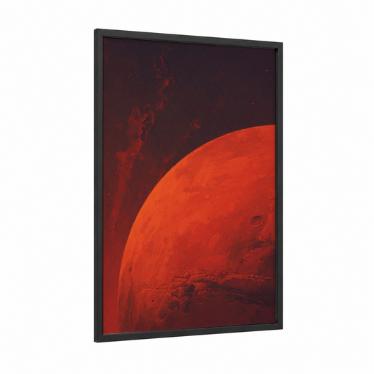 Crimson Mars Horizon framed solar system print — black wood frame — red and black and red palette
