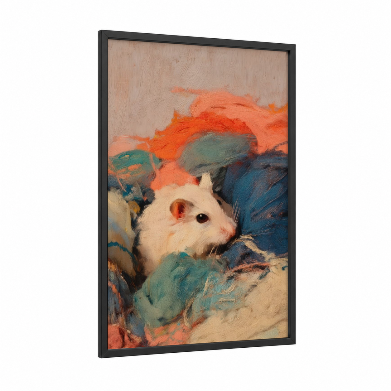 Colorful Gerbil framed art print — black wood frame — orange and teal palette