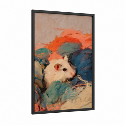 Colorful Gerbil framed art print — black wood frame — orange and teal palette