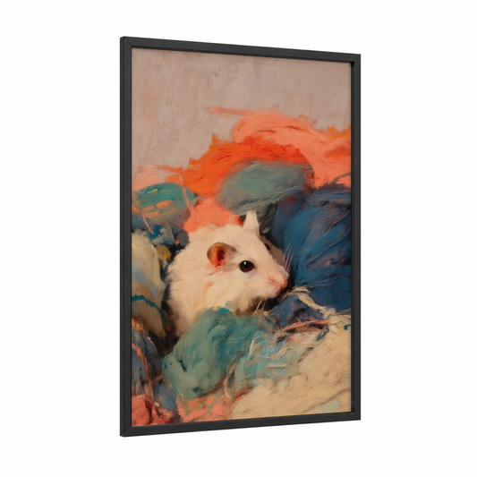 Colorful Gerbil framed art print — black wood frame — orange and teal palette
