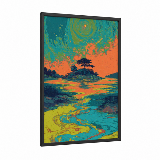 Surreal Island Dreamscape framed art print — black wood frame — teal and orange palette