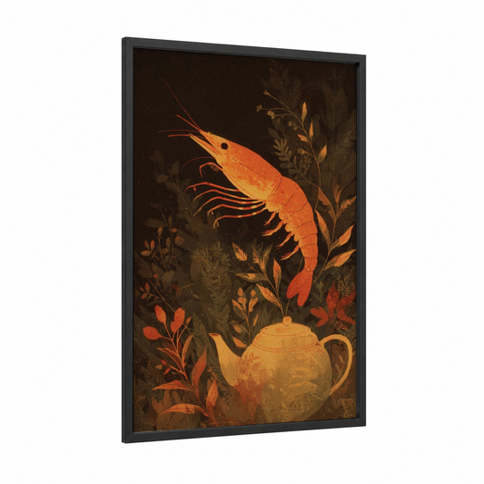 Golden Shrimp framed art print — black wood frame — gold and dark green palette