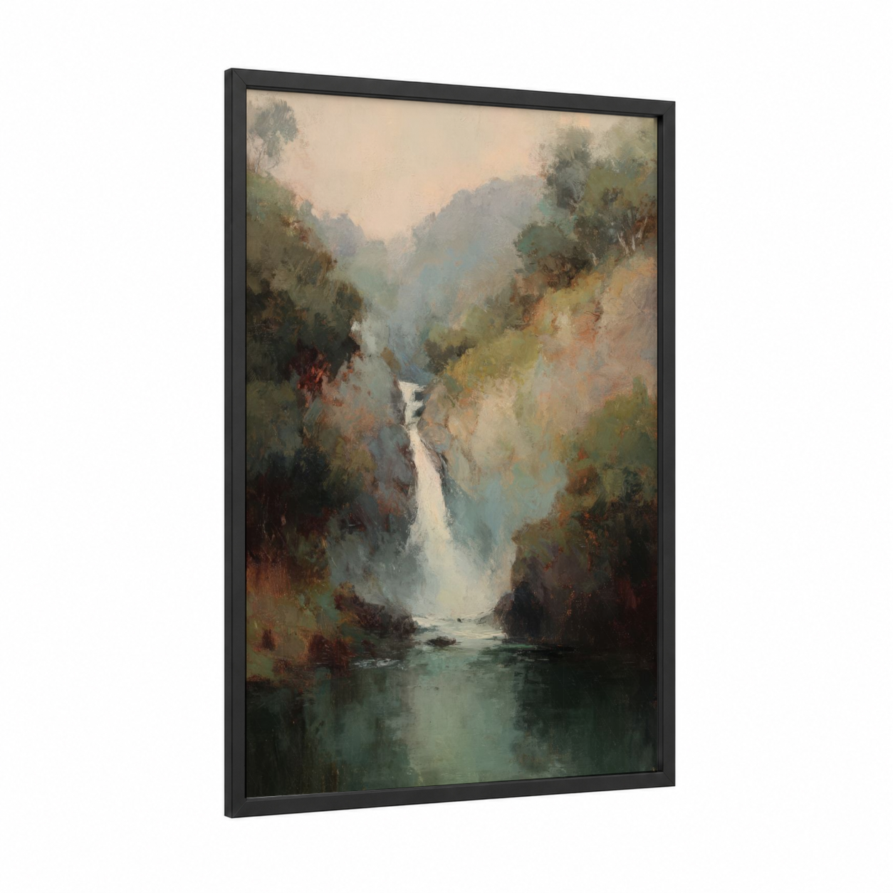 Misty Canyon Waterfall framed art print — black wood frame — gray and sage green palette
