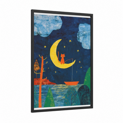 Moonlit Cat Fishing framed art print — black wood frame — dark blue and yellow gold palette