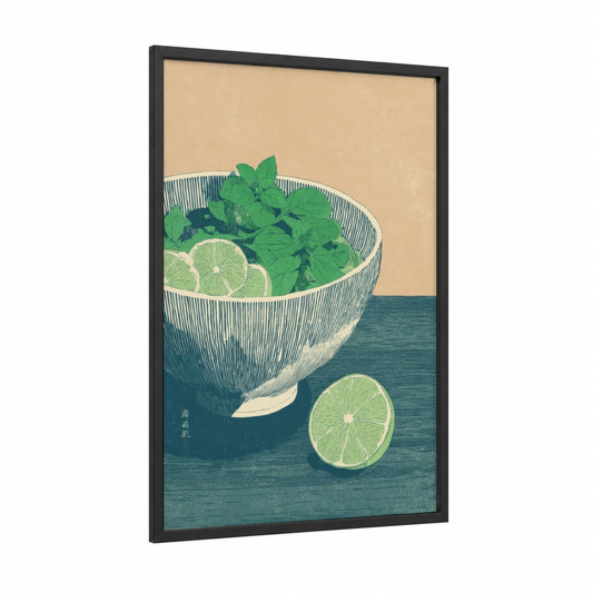 Citrus Mint Salad framed art print — black wood frame — light green and beige palette