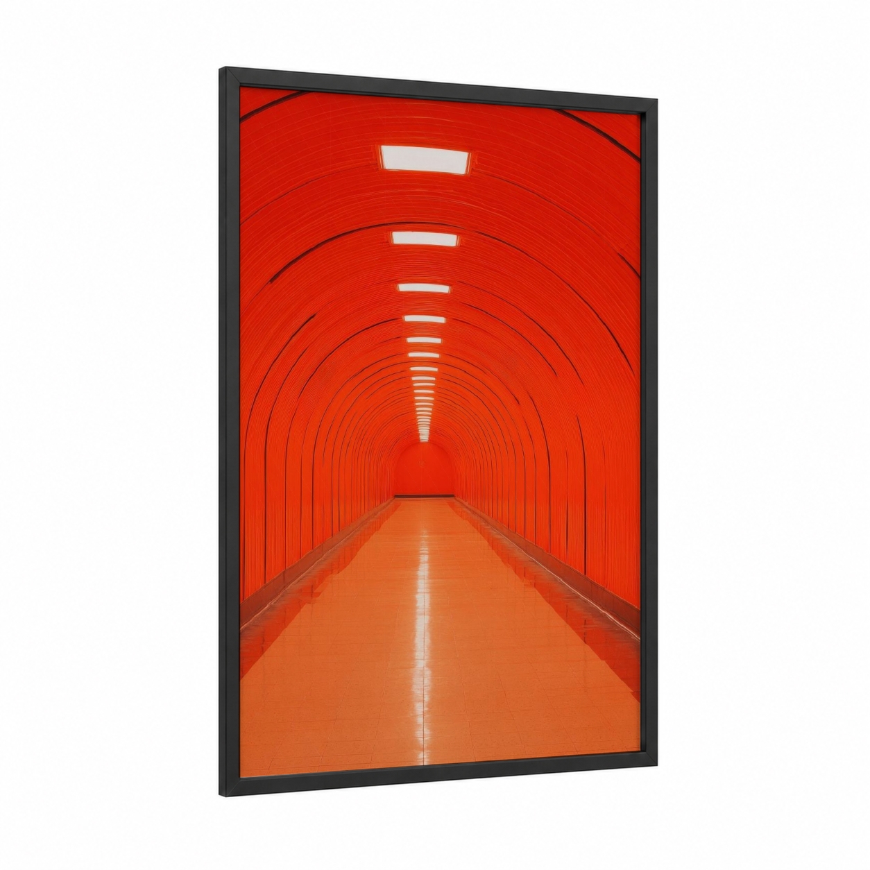 Red Perspective Tunnel framed art print — black wood frame — red and orange palette