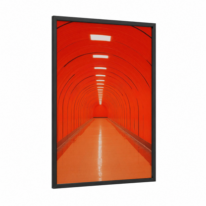 Red Perspective Tunnel framed art print — black wood frame — red and orange palette