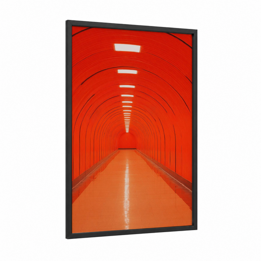 Red Perspective Tunnel framed art print — black wood frame — red and orange palette