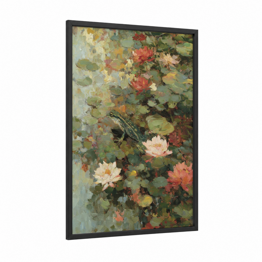 Lily Pond Chameleon framed art print — black wood frame — green and peach palette