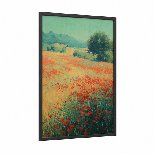 Crimson Poppy Field framed poppies print — black wood frame — red and light green palette