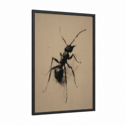 Charcoal Ant Study framed art print — black wood frame — beige and black palette