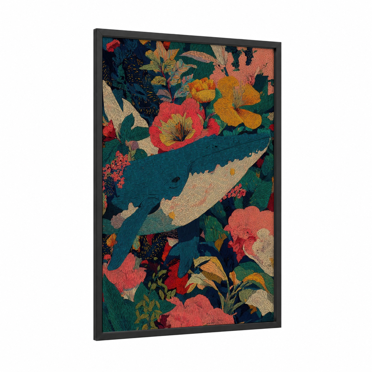 Floral Whale framed blue whale print — black wood frame — teal and salmon pink palette