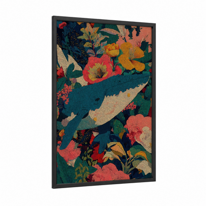 Floral Whale framed blue whale print — black wood frame — teal and salmon pink palette