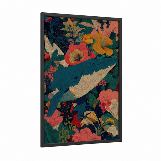 Floral Whale framed blue whale print — black wood frame — teal and salmon pink palette