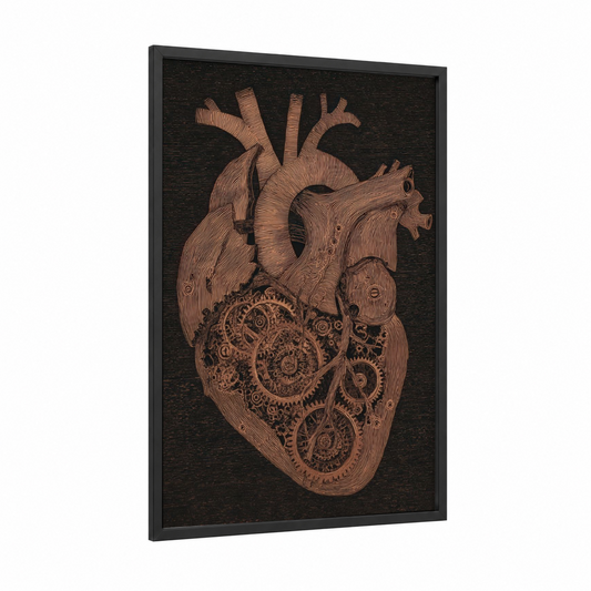 Steampunk Heart Carving framed woodcarving print — black wood frame — black palette