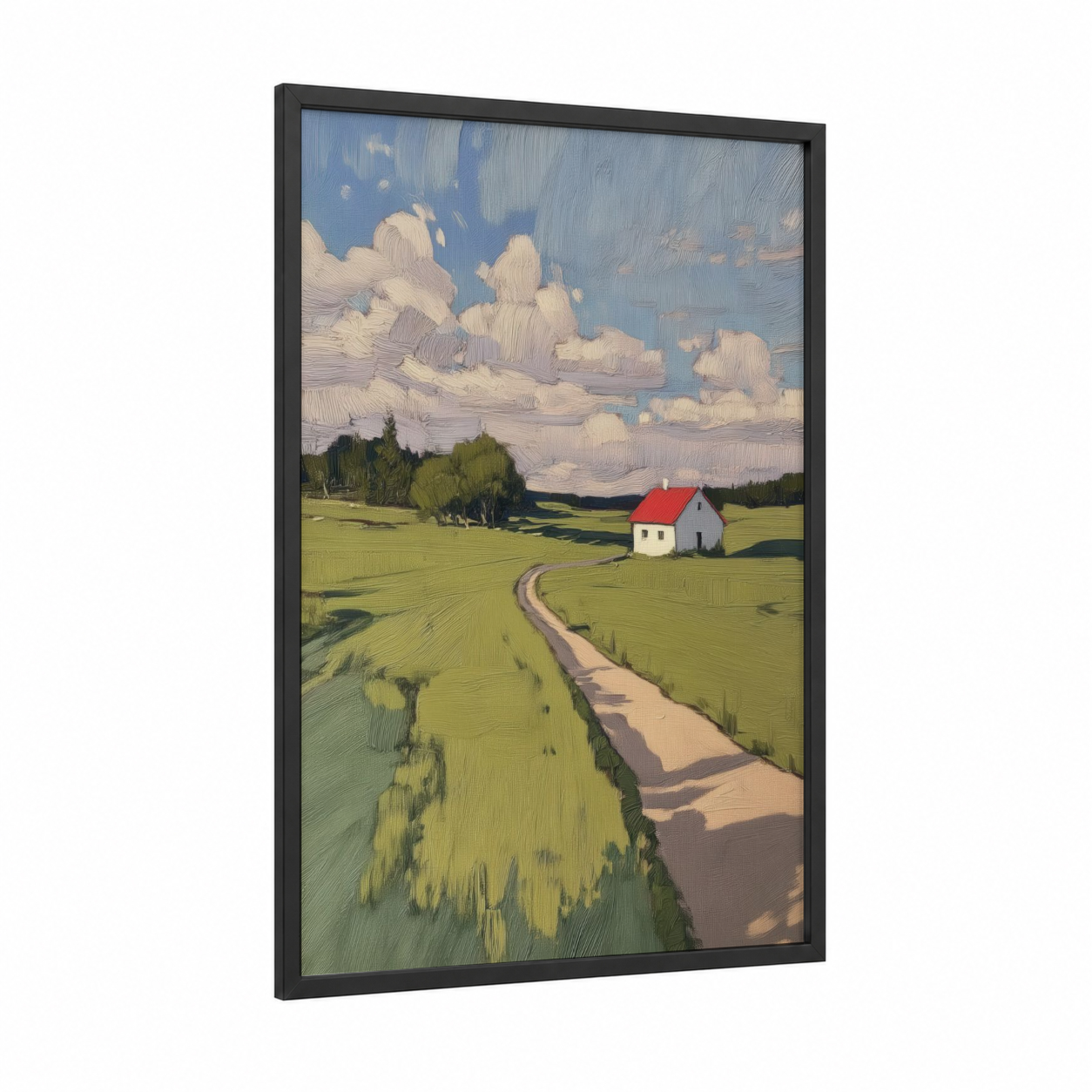 Red Roof Cottage framed various landscapes print — black wood frame — light green and blue palette
