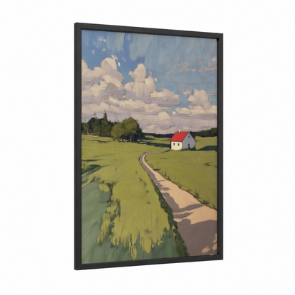 Red Roof Cottage framed various landscapes print — black wood frame — light green and blue palette