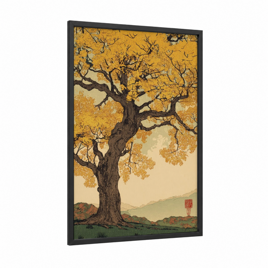 Golden Linden Tree framed art print — black wood frame — gold and cream palette