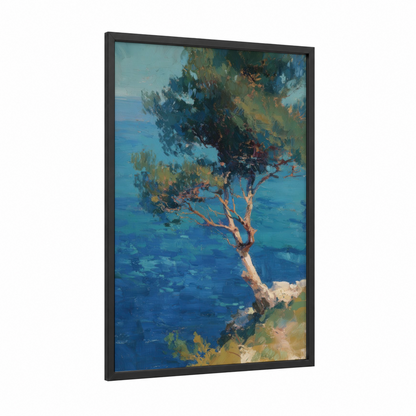 Coastal Juniper framed juniper tree print — black wood frame — blue and gold palette