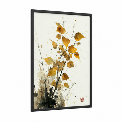 Autumn Birch Branch framed birch tree print — black wood frame — gold and cream palette