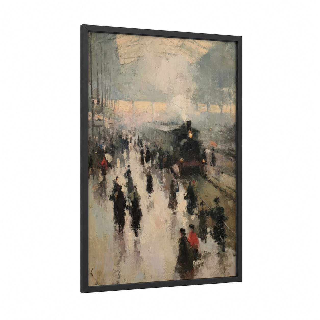 Arrival Station framed train print — black wood frame — cream and dove gray palette