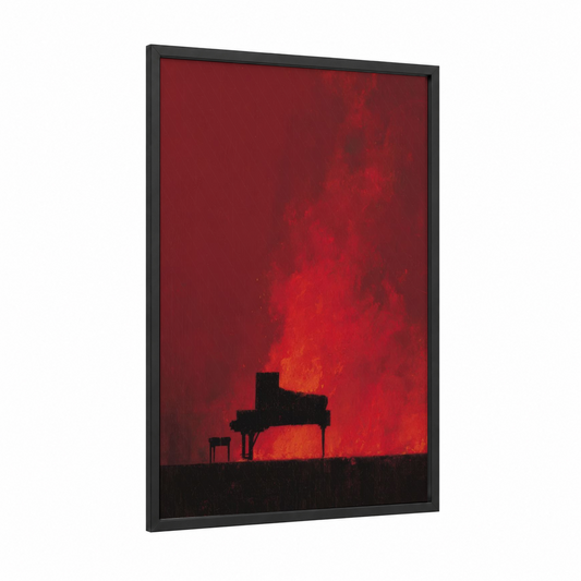 Crimson Piano framed art print — black wood frame — red and black palette