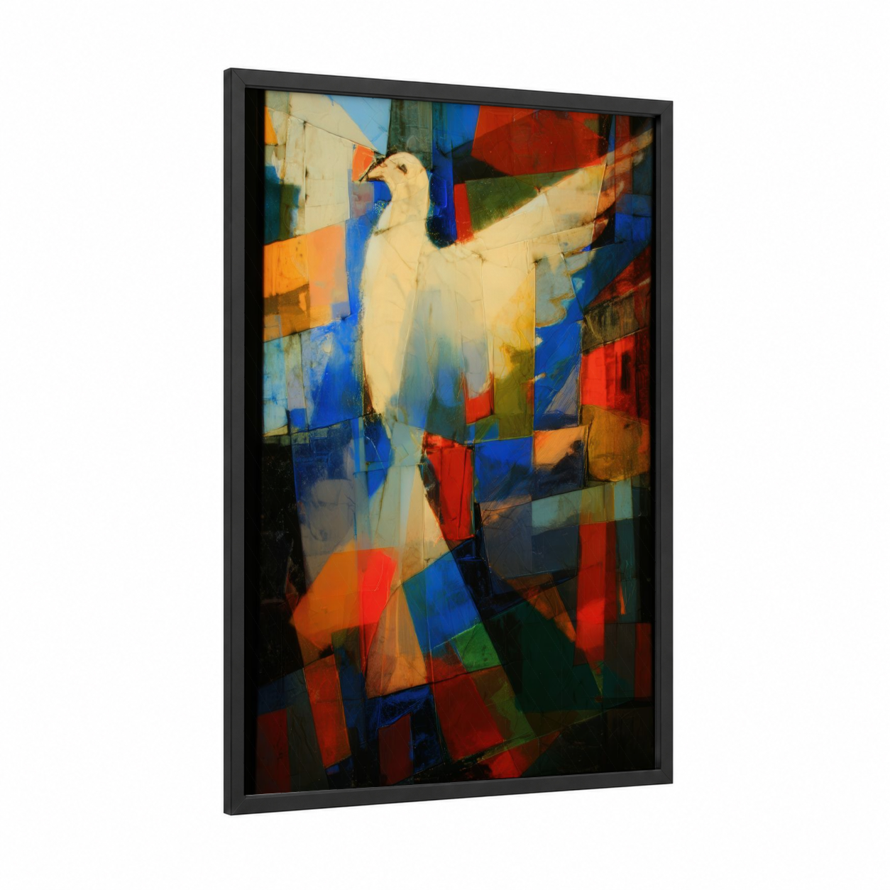 Geometric Dove framed art print — black wood frame — blue and orange palette
