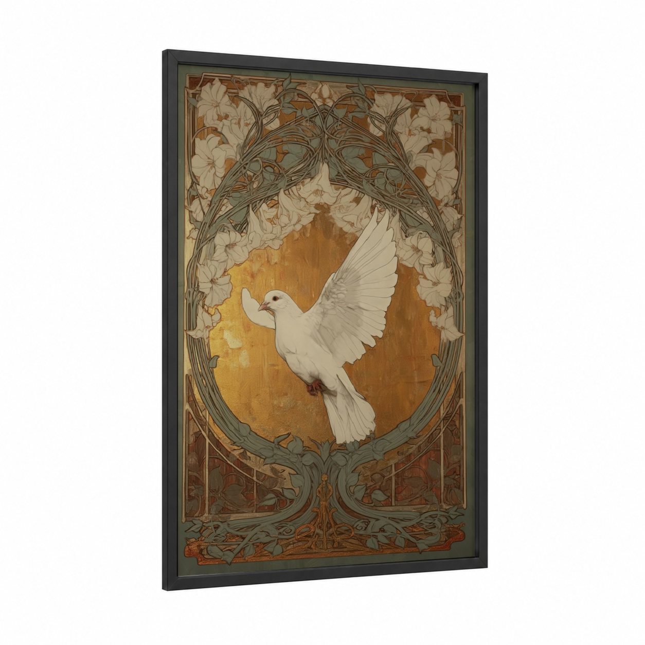 Peaceful Dove framed art print — black wood frame — cream and gold palette