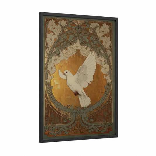 Peaceful Dove framed art print — black wood frame — cream and gold palette