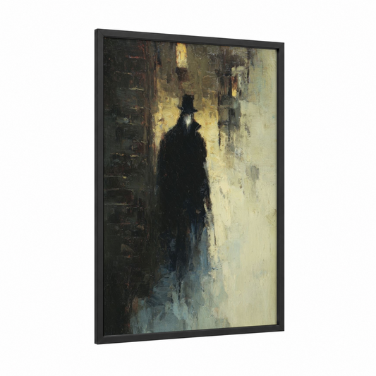 Shadowed Wanderer framed vampire print — black wood frame — black and white and gold palette
